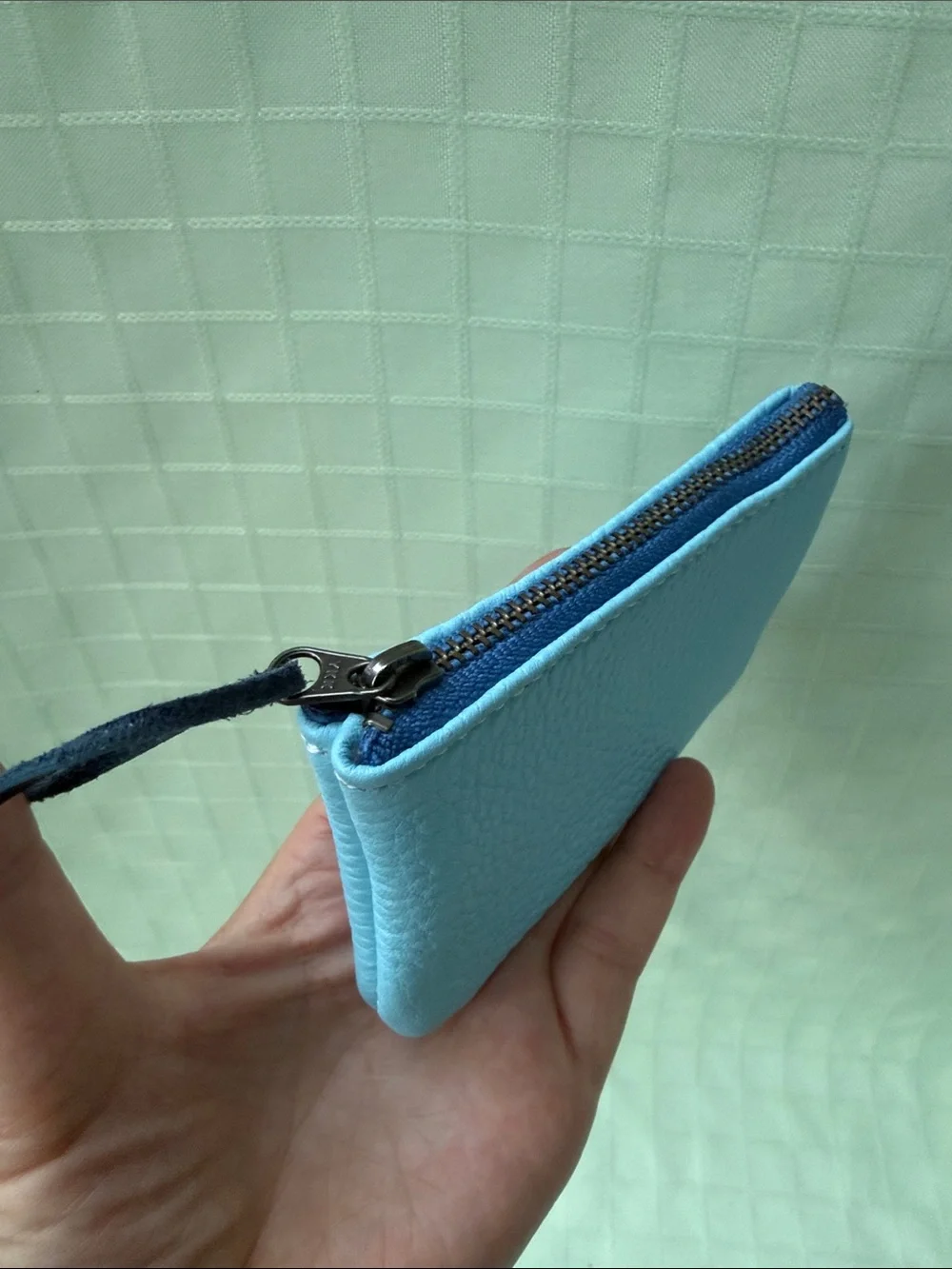 New Handmade Light Blue Pebbled Leather Wristlet Coin Pouch/Card Holder